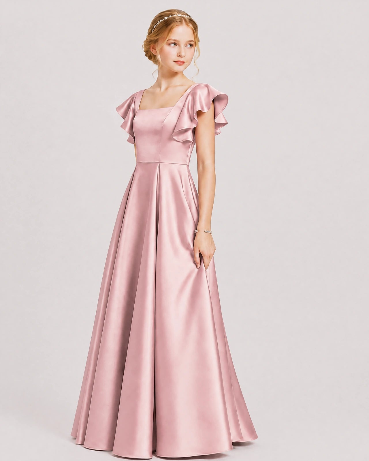 Dideyttawl Sage Green Junior Bridesmaid Satin Dress Ruffle Sleeve Ball Gown