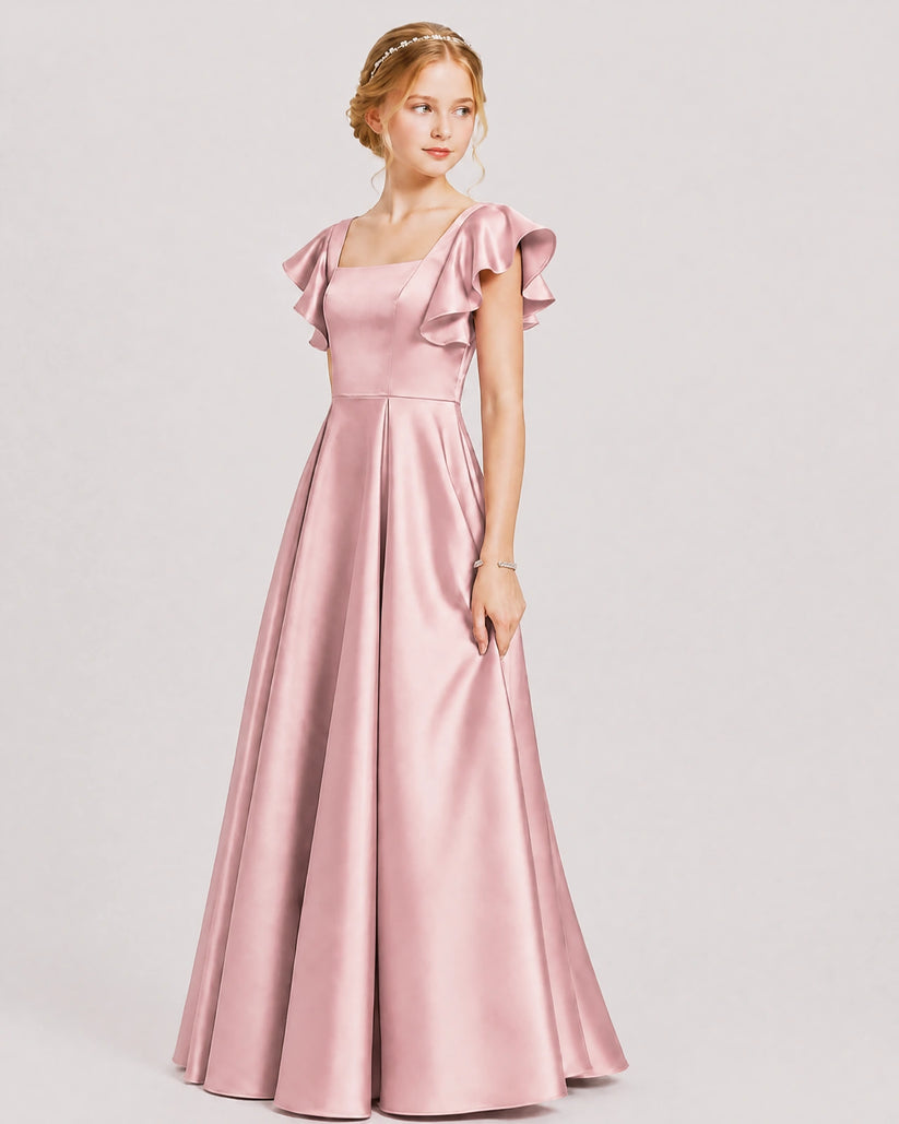 Dusty Rose Satin A-line Junior Bridesmaid Dress Front View