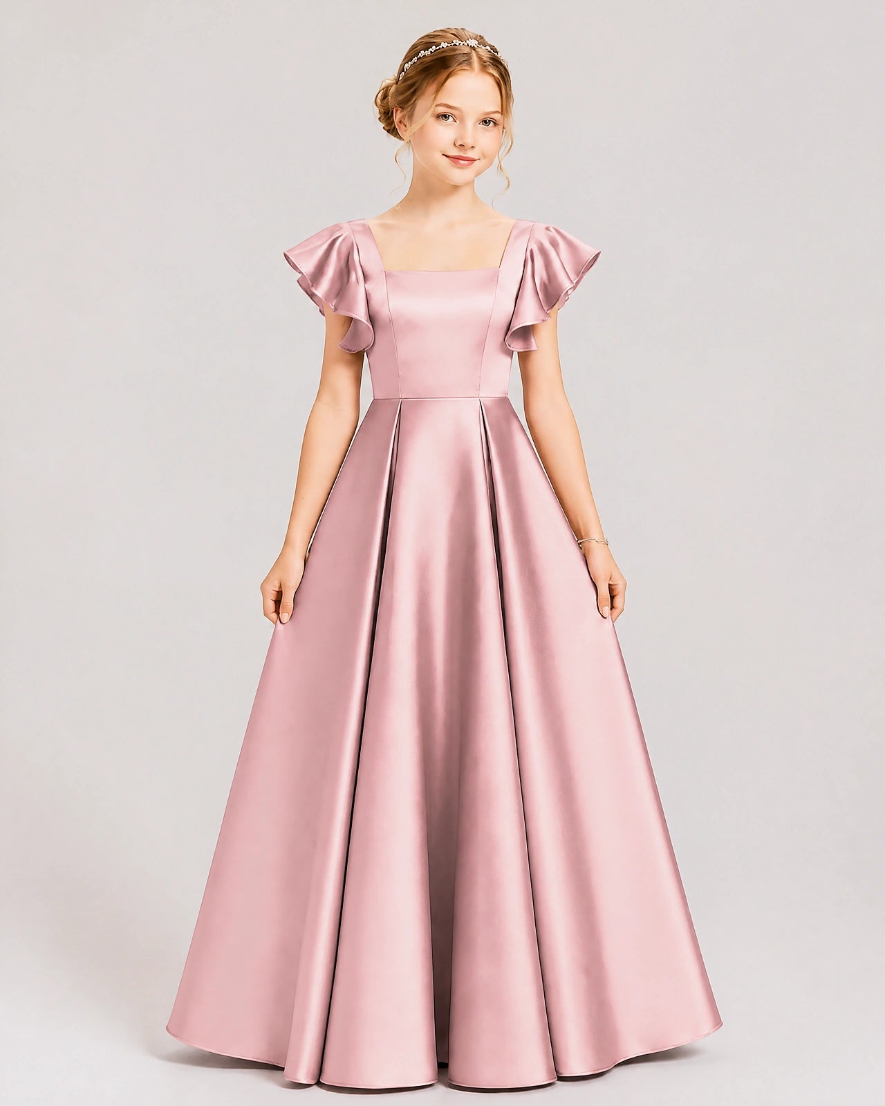 Dideyttawl Sage Green Junior Bridesmaid Satin Dress Ruffle Sleeve Ball Gown