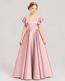 Dideyttawl Sage Green Junior Bridesmaid Satin Dress Ruffle Sleeve Ball Gown