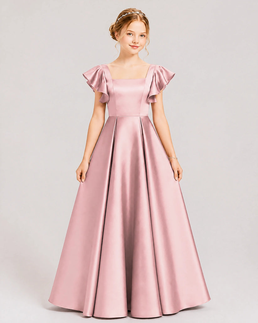 Dusty Rose Satin A-line Junior Bridesmaid Dress Front View
