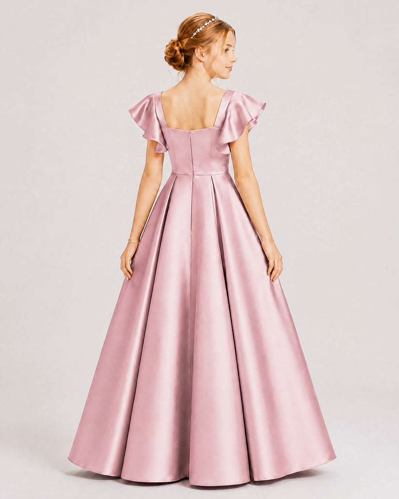 Dusty Rose Satin A-line Junior Bridesmaid Dress Back View