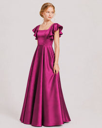 Dideyttawl Sage Green Junior Bridesmaid Satin Dress Ruffle Sleeve Ball Gown