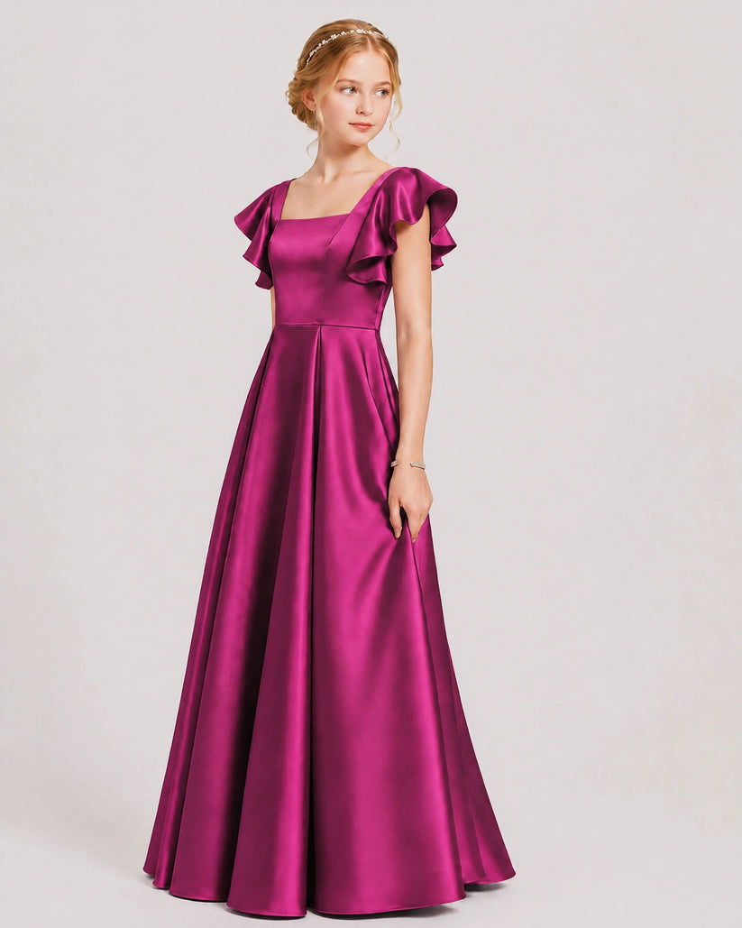 Fuchsia Satin A-line Junior Bridesmaid Dress Front View