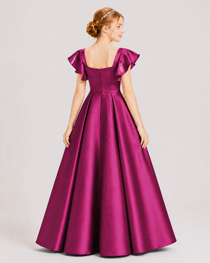 Dideyttawl Sage Green Junior Bridesmaid Satin Dress Ruffle Sleeve Ball Gown