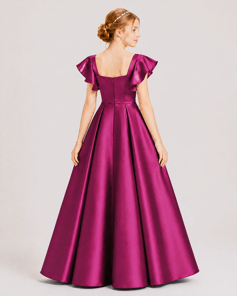 Fuchsia Satin A-line Junior Bridesmaid Dress Back View