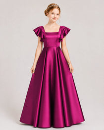 Dideyttawl Sage Green Junior Bridesmaid Satin Dress Ruffle Sleeve Ball Gown