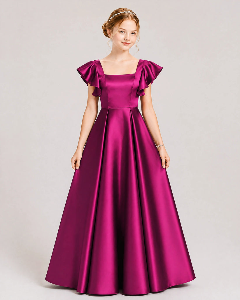 Fuchsia Satin A-line Junior Bridesmaid Dress Front View