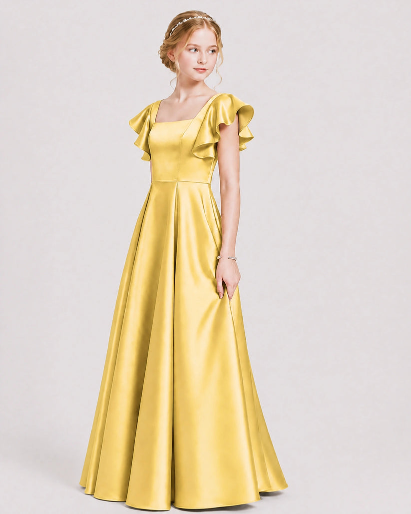 Gold Satin A-line Junior Bridesmaid Dress Front View