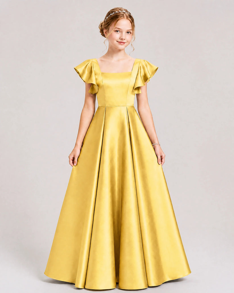 Gold Satin A-line Junior Bridesmaid Dress Front View