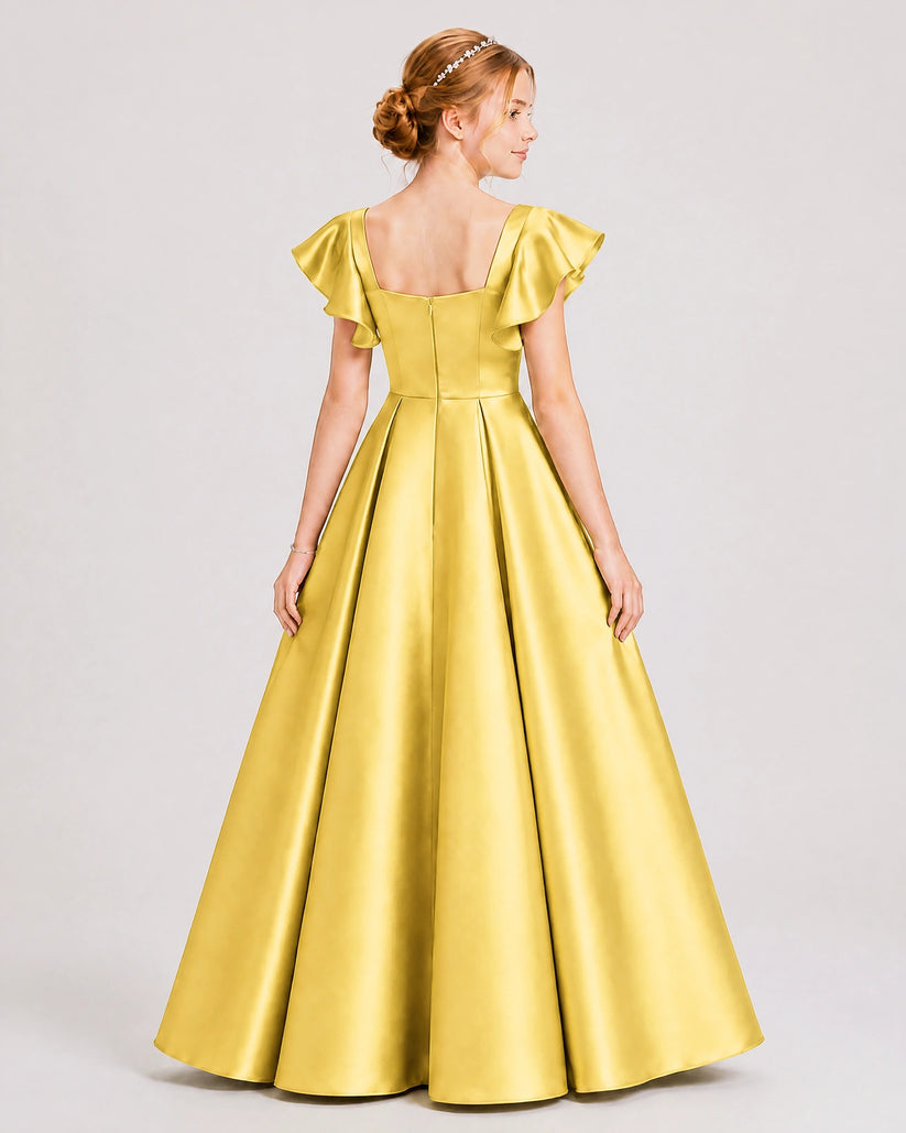 Gold Satin A-line Junior Bridesmaid Dress Back View