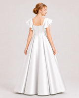 Ivory Satin A-line Junior Bridesmaid Dress Back View