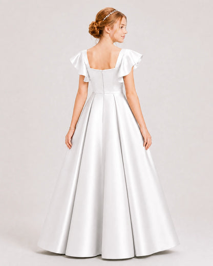 Ivory Satin A-line Junior Bridesmaid Dress Back View
