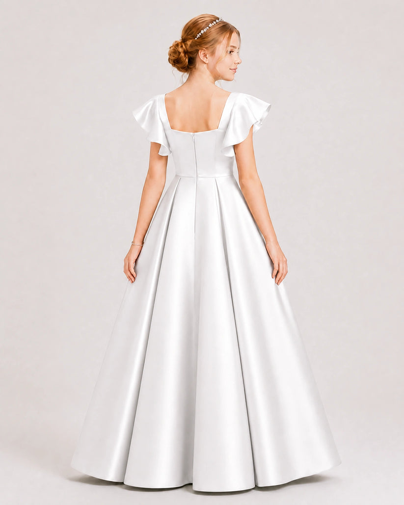 Ivory Satin A-line Junior Bridesmaid Dress Back View