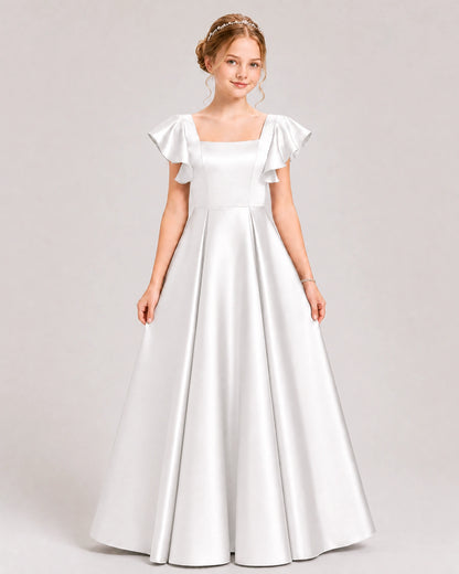 Ivory Satin A-line Junior Bridesmaid Dress Front View