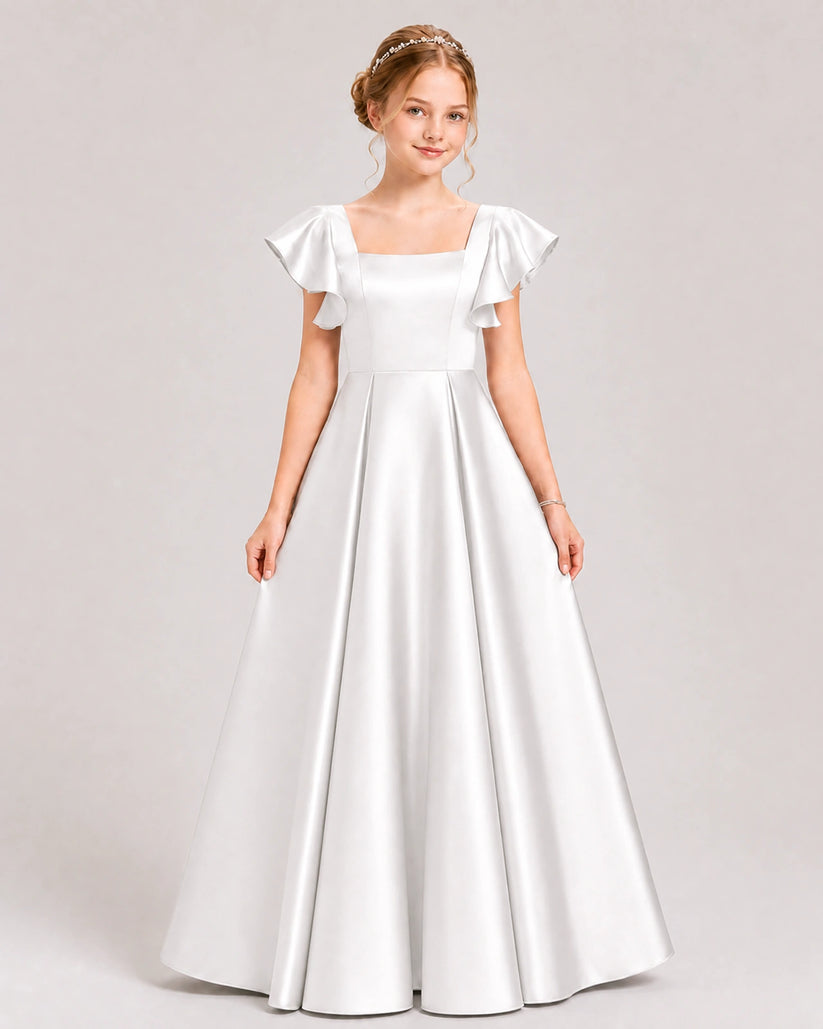 Ivory Satin A-line Junior Bridesmaid Dress Front View