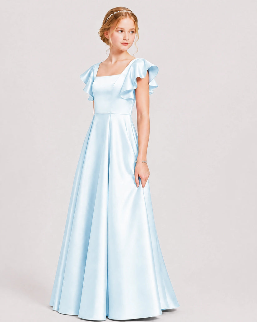 Baby Blue Satin A-line Junior Bridesmaid Dress Front View