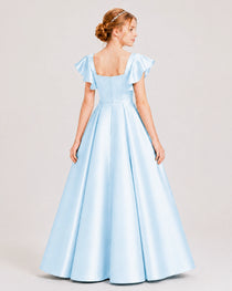 Dideyttawl Sage Green Junior Bridesmaid Satin Dress Ruffle Sleeve Ball Gown