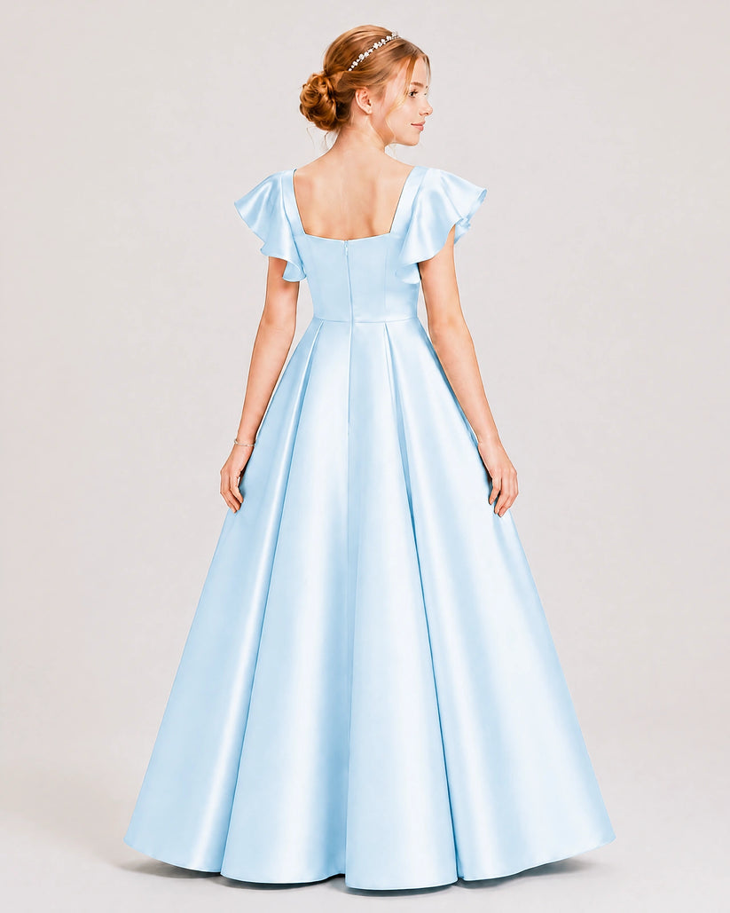 Baby Blue Satin A-line Junior Bridesmaid Dress Back View