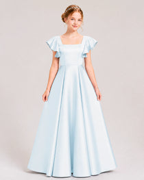 Dideyttawl Sage Green Junior Bridesmaid Satin Dress Ruffle Sleeve Ball Gown
