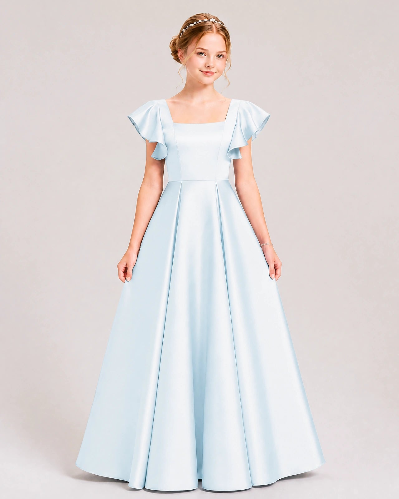 Dideyttawl Sage Green Junior Bridesmaid Satin Dress Ruffle Sleeve Ball Gown
