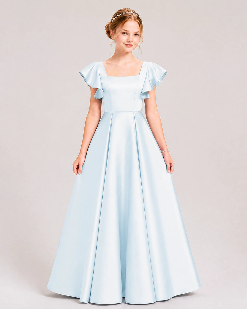 Baby Blue Satin A-line Junior Bridesmaid Dress Front View