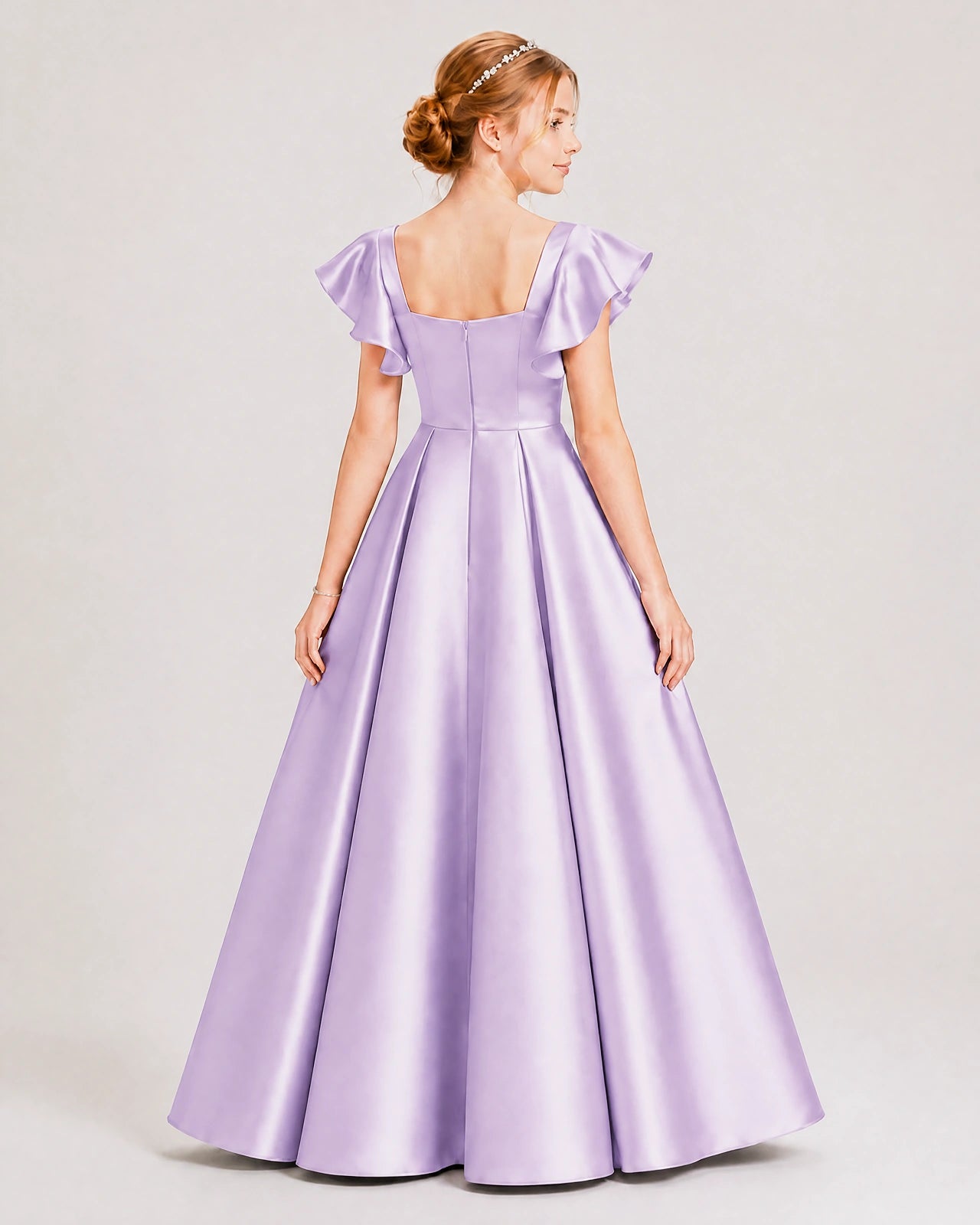 Dideyttawl Sage Green Junior Bridesmaid Satin Dress Ruffle Sleeve Ball Gown