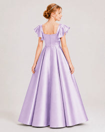 Dideyttawl Sage Green Junior Bridesmaid Satin Dress Ruffle Sleeve Ball Gown