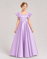Lilac Satin A-line Junior Bridesmaid Dress Front View