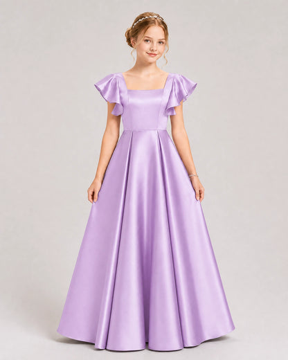 Dideyttawl Sage Green Junior Bridesmaid Satin Dress Ruffle Sleeve Ball Gown