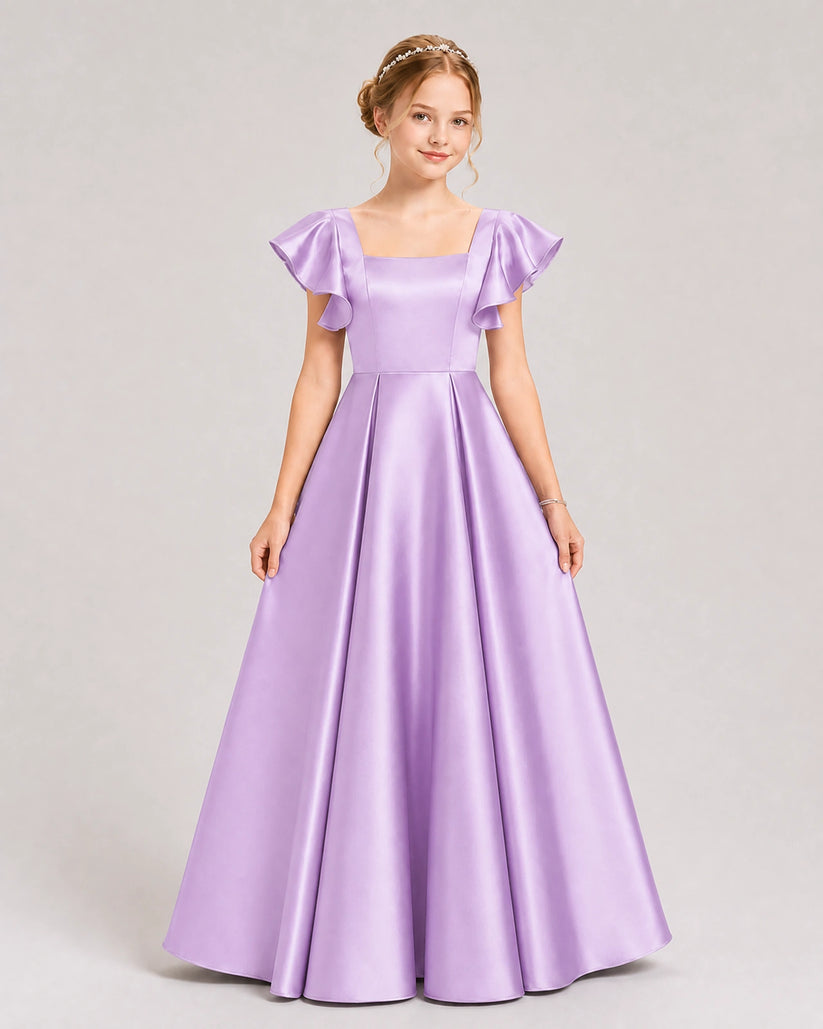 Lilac Satin A-line Junior Bridesmaid Dress Front View