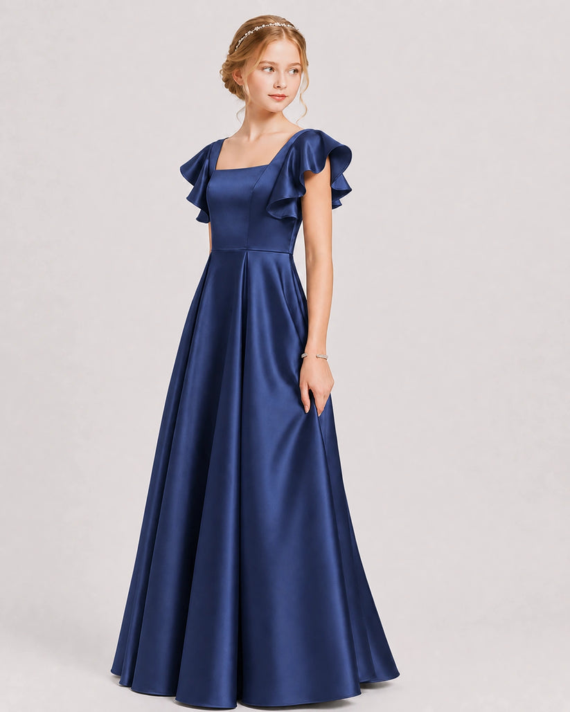 Navy Blue Satin A-line Junior Bridesmaid Dress Front View