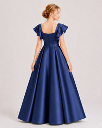 Dideyttawl Sage Green Junior Bridesmaid Satin Dress Ruffle Sleeve Ball Gown