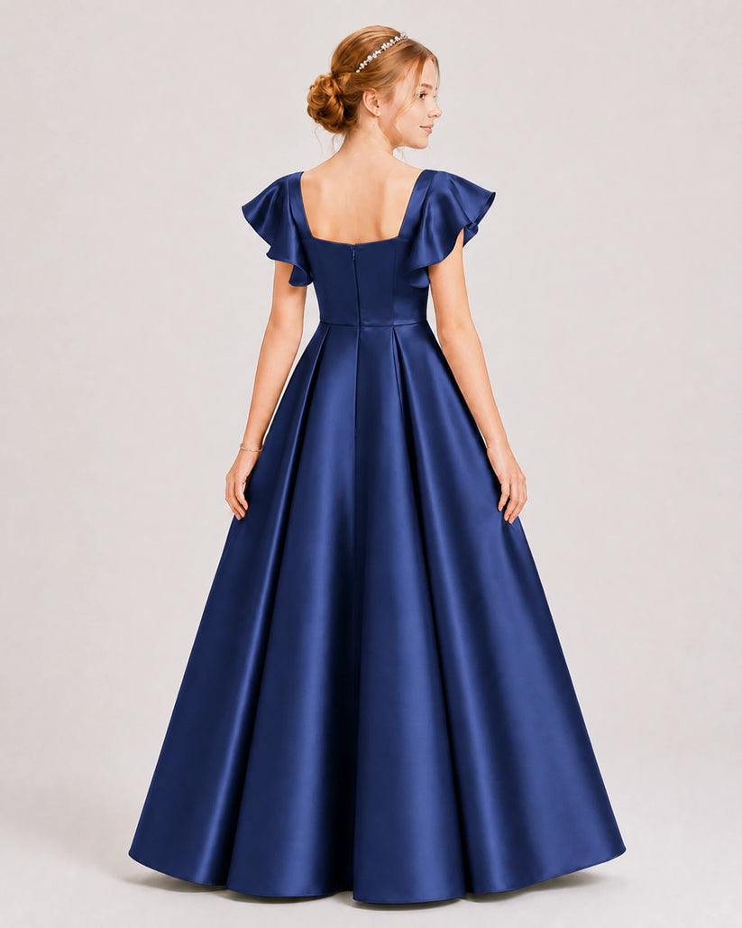 Navy Blue Satin A-line Junior Bridesmaid Dress Back View