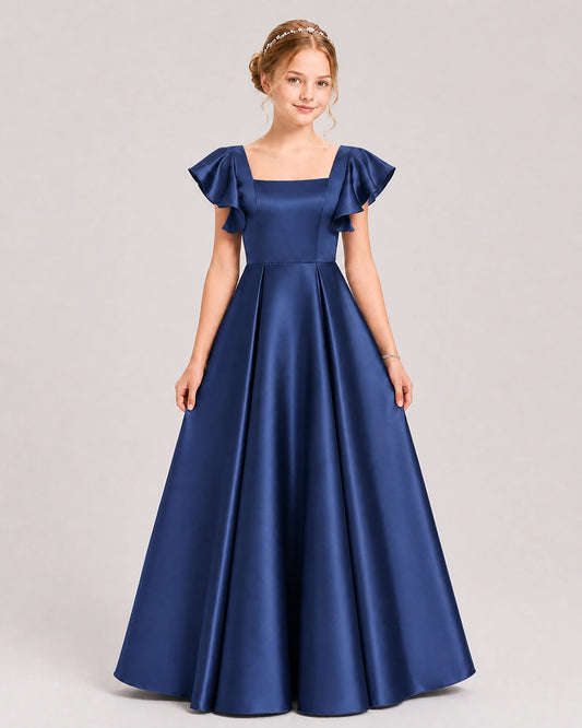 Navy Blue Satin A-line Junior Bridesmaid Dress Front View