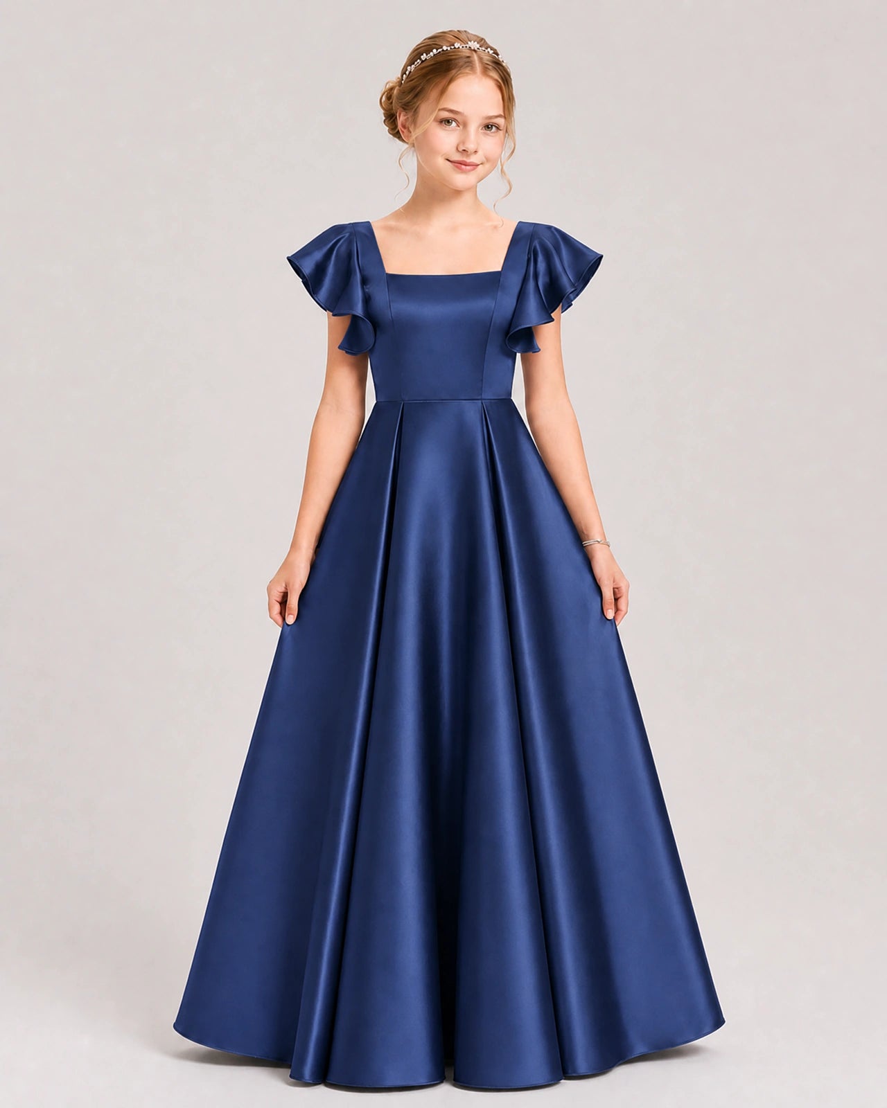 Dideyttawl Sage Green Junior Bridesmaid Satin Dress Ruffle Sleeve Ball Gown