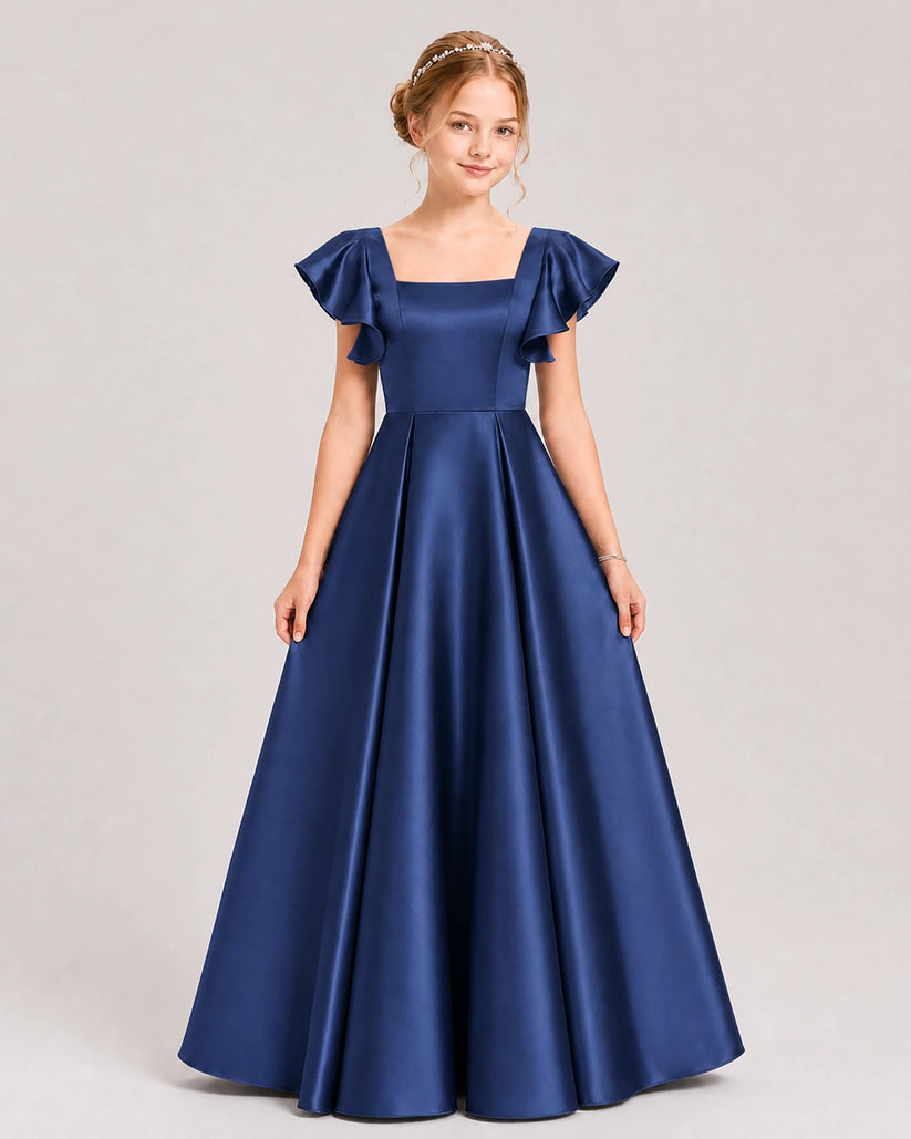 Navy Blue Satin A-line Junior Bridesmaid Dress Front View