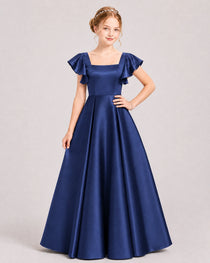 Dideyttawl Sage Green Junior Bridesmaid Satin Dress Ruffle Sleeve Ball Gown