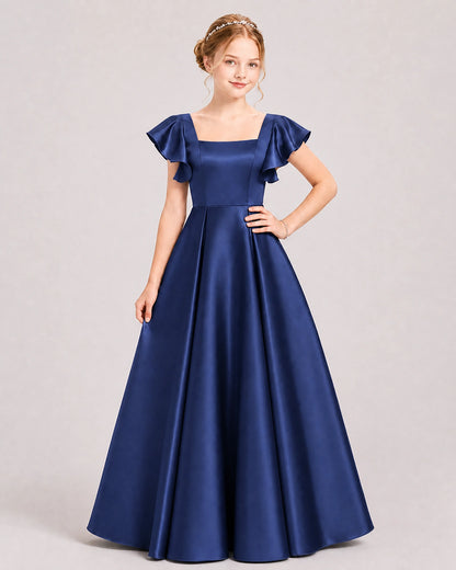 Dideyttawl Sage Green Junior Bridesmaid Satin Dress Ruffle Sleeve Ball Gown