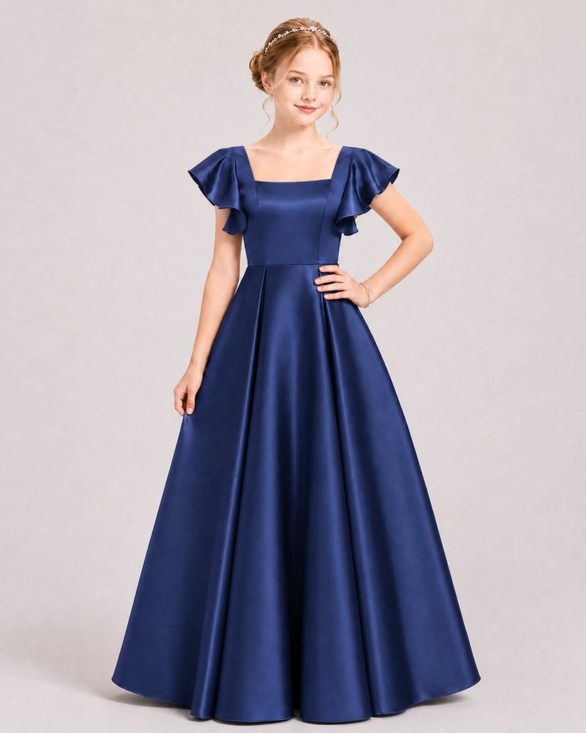 Navy Blue Satin A-line Junior Bridesmaid Dress Front View