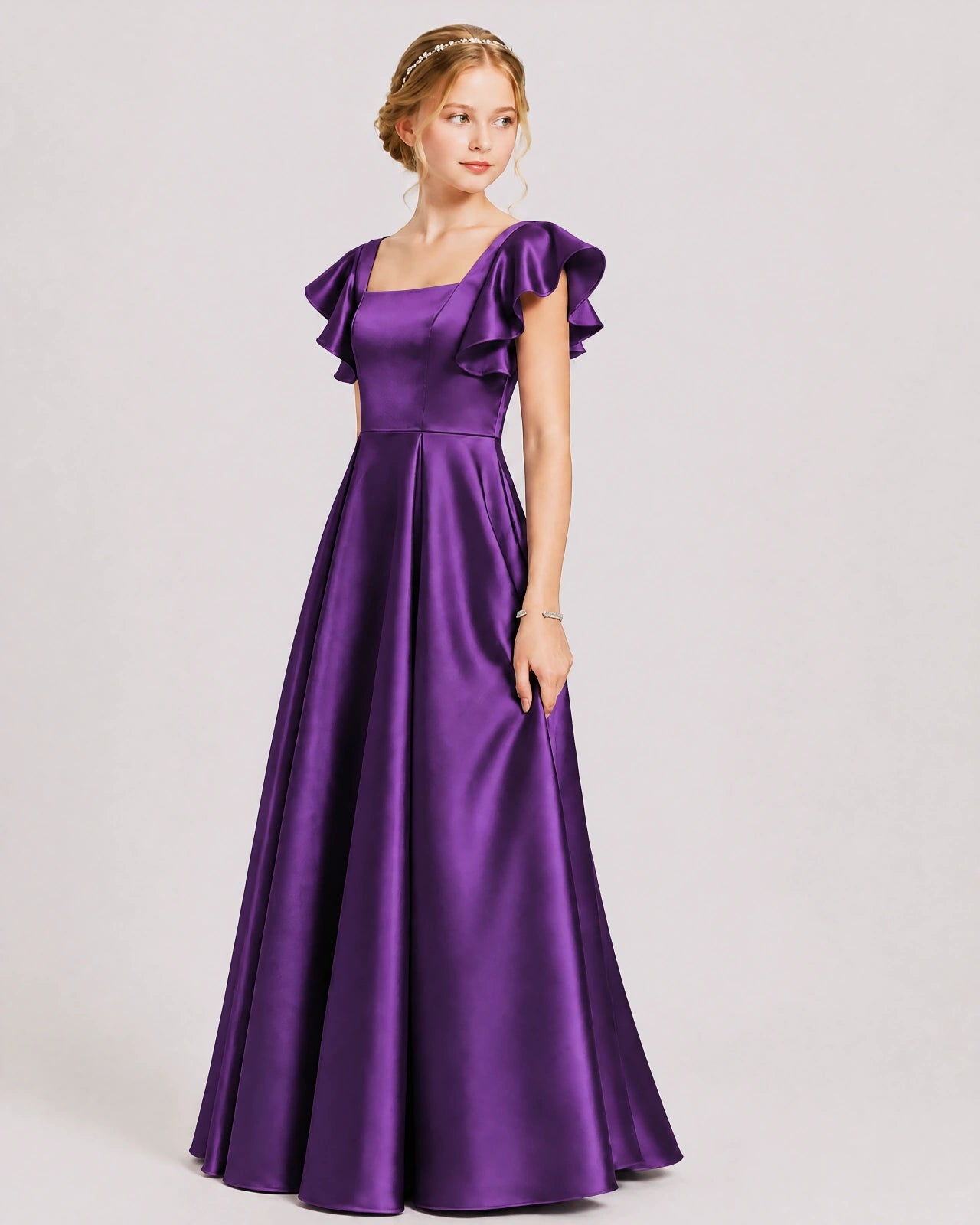 Dideyttawl Sage Green Junior Bridesmaid Satin Dress Ruffle Sleeve Ball Gown