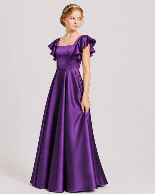 Purple Satin A-line Junior Bridesmaid Dress Front View
