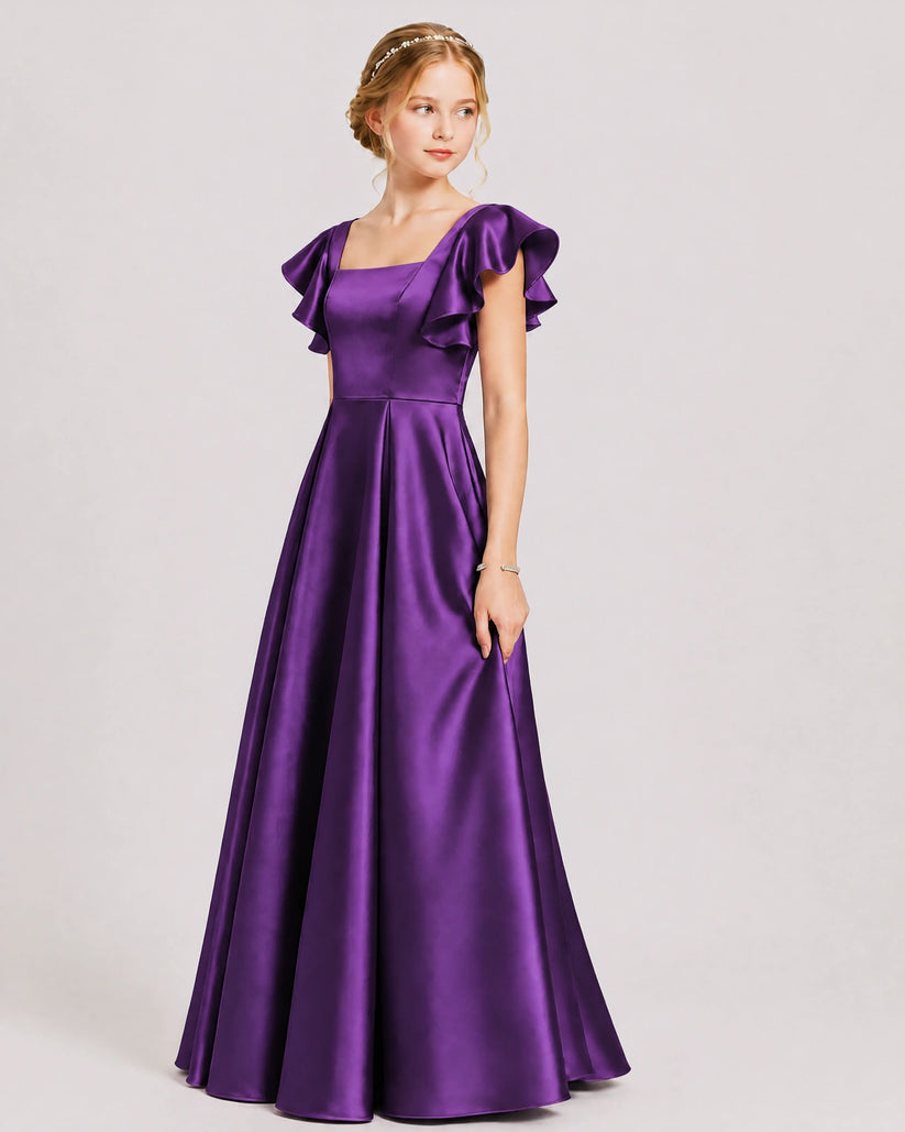 Purple Satin A-line Junior Bridesmaid Dress Front View
