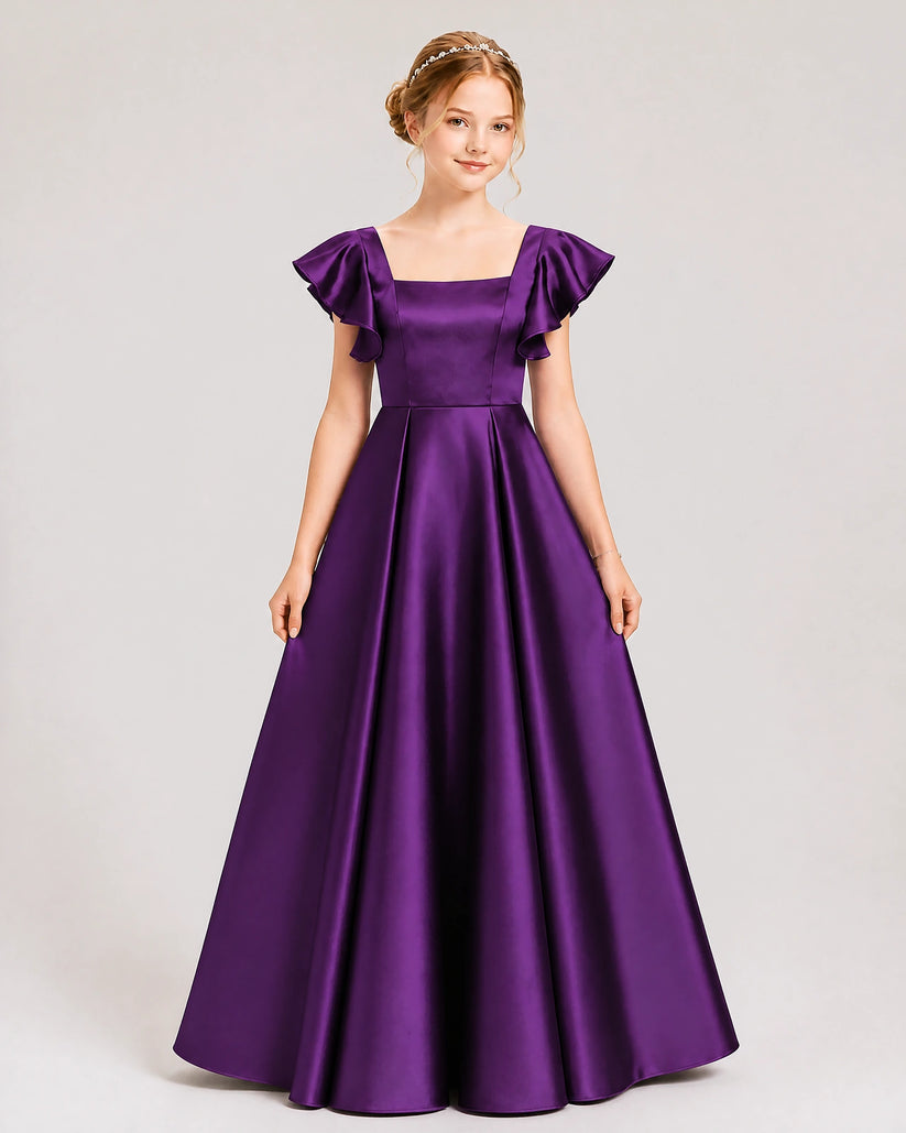 Purple Satin A-line Junior Bridesmaid Dress Front View