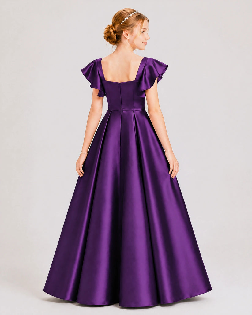 Purple Satin A-line Junior Bridesmaid Dress Back View