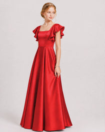 Dideyttawl Sage Green Junior Bridesmaid Satin Dress Ruffle Sleeve Ball Gown