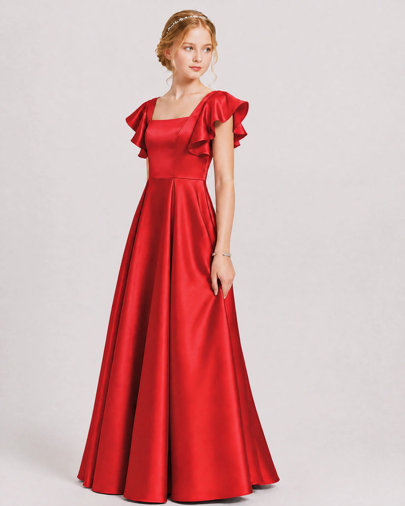 Red Satin A-line Junior Bridesmaid Dress Front View