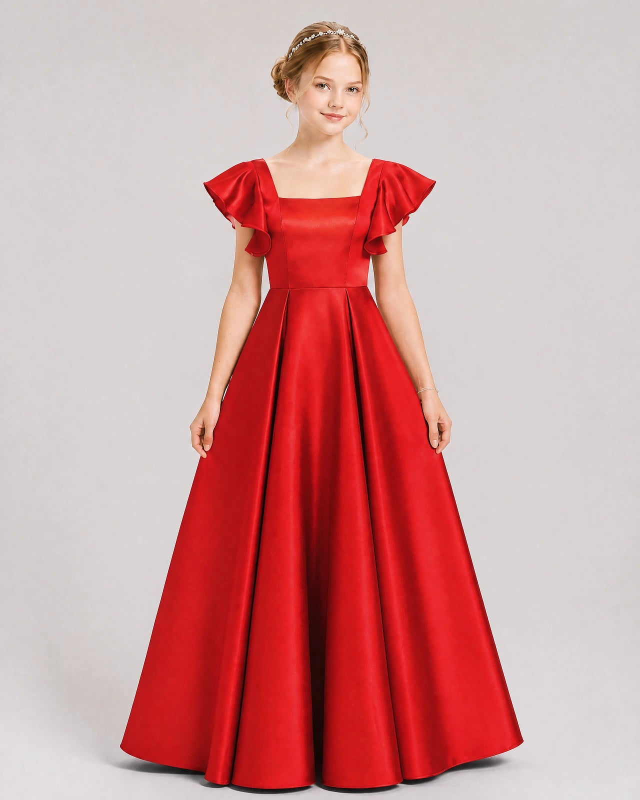 Dideyttawl Sage Green Junior Bridesmaid Satin Dress Ruffle Sleeve Ball Gown