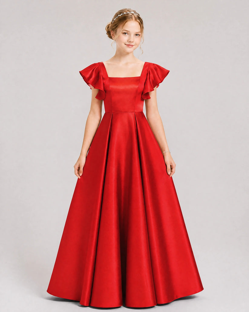 Red Satin A-line Junior Bridesmaid Dress Front View