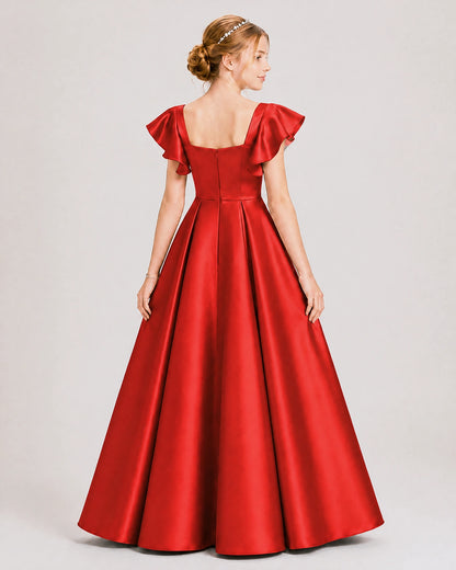 Dideyttawl Sage Green Junior Bridesmaid Satin Dress Ruffle Sleeve Ball Gown